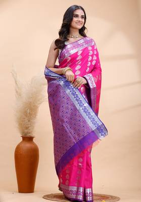 Pink and blue kanjivaram silk blend saree with silver zari motifs 2
