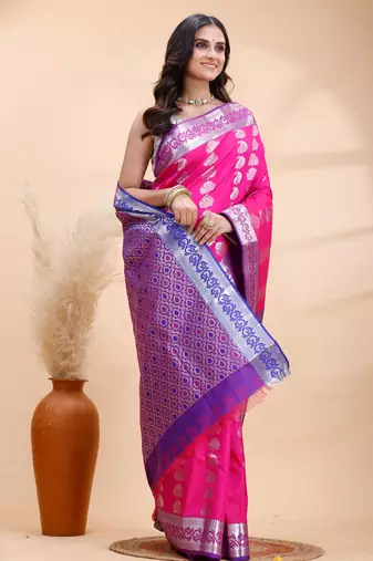 Pink and blue kanjivaram silk blend saree with silver zari motifs