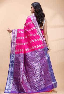 Pink and blue kanjivaram silk blend saree with silver zari motifs 3