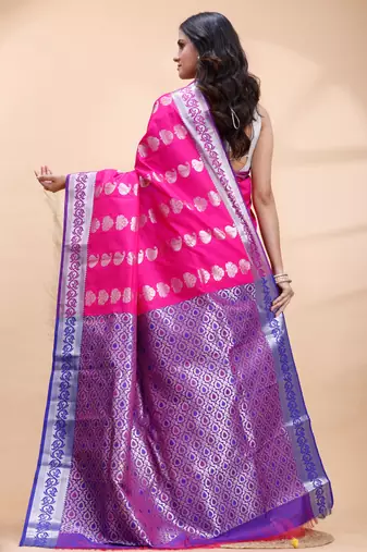Pink and blue kanjivaram silk blend saree with silver zari motifs