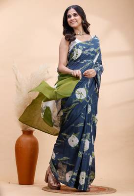 Indigo and olive bagru malmal cotton saree with artistic tie-dye circles & vibrant handcrafted patterns 2