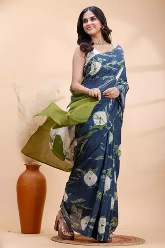 Indigo and olive bagru malmal cotton saree with artistic tie-dye circles & vibrant handcrafted patterns