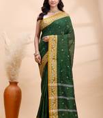 Dark green handloom cotton saree with mustard yellow heritage border
