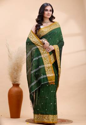 Dark green handloom cotton saree with mustard yellow heritage border 2