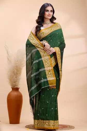 Dark green handloom cotton saree with mustard yellow heritage border