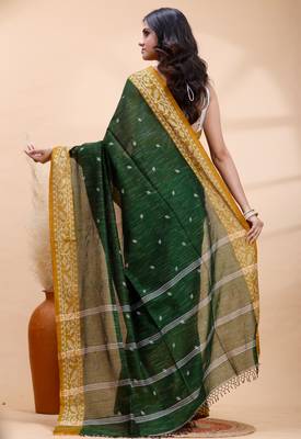 Dark green handloom cotton saree with mustard yellow heritage border 3
