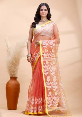 Coral dual toned muslin saree with delicate jamdani motifs and graceful contrast border 1