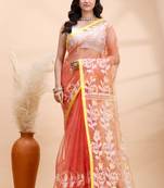Coral dual toned muslin saree with delicate jamdani motifs and graceful contrast border