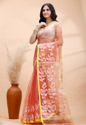 Coral dual toned muslin saree with delicate jamdani motifs and graceful contrast border 2