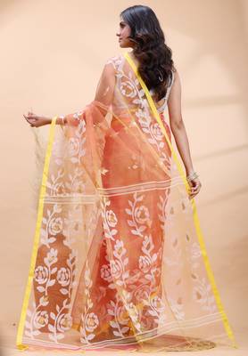 Coral dual toned muslin saree with delicate jamdani motifs and graceful contrast border 3