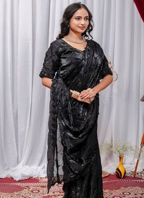 Black Color Sequins,Embroidery With Beads Work Satin Silk Saree 2