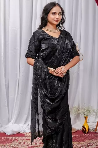 Black Color Sequins,Embroidery With Beads Work Satin Silk Saree