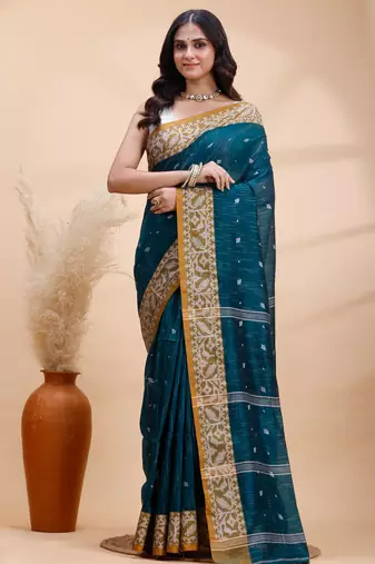 Dark teal green handloom cotton saree with mustard yellow heritage border