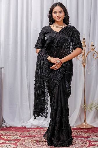 Black Color Sequins,Embroidery With Beads Work Satin Silk Saree