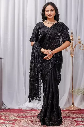 Black Color Sequins,Embroidery With Beads Work Satin Silk Saree