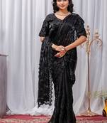 Black Color Sequins,Embroidery With Beads Work Satin Silk Saree