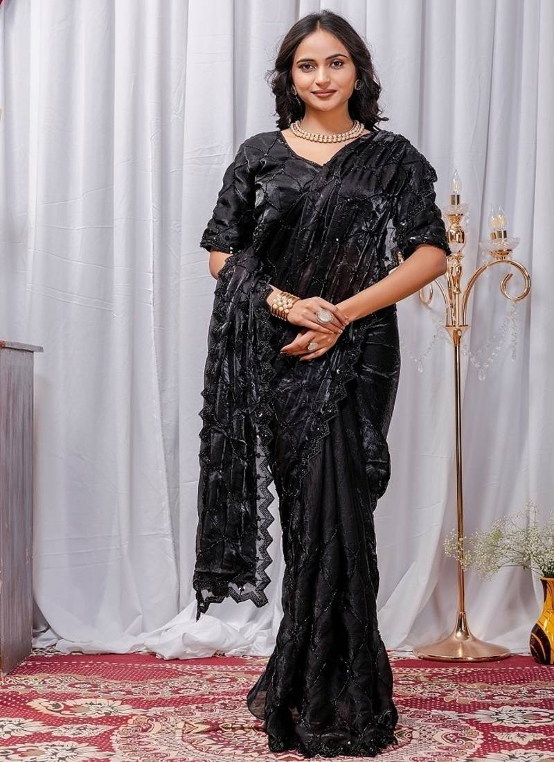 Black Color Sequins,Embroidery With Beads Work Satin Silk Saree
