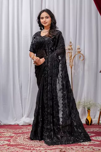 Black Color Sequins,Embroidery With Beads Work Satin Silk Saree