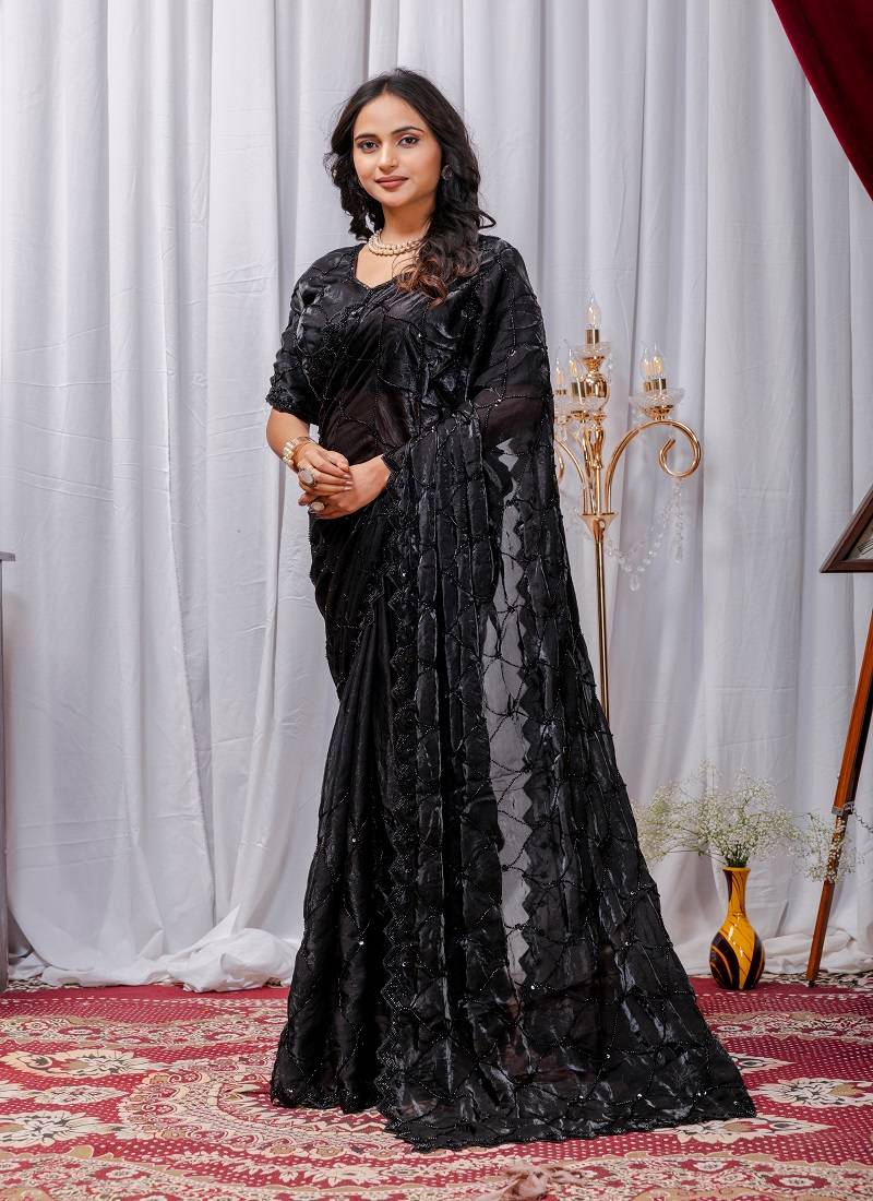 Black Color Sequins,Embroidery With Beads Work Satin Silk Saree
