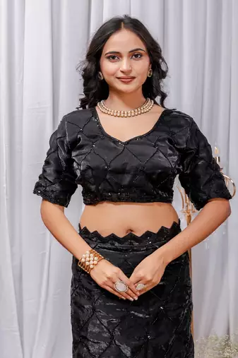 Black Color Sequins,Embroidery With Beads Work Satin Silk Saree