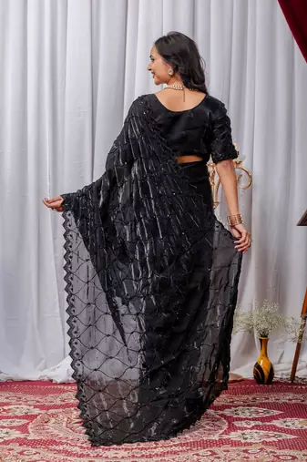 Black Color Sequins,Embroidery With Beads Work Satin Silk Saree