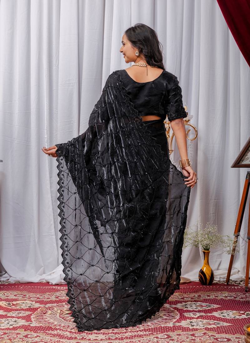 Black Color Sequins,Embroidery With Beads Work Satin Silk Saree