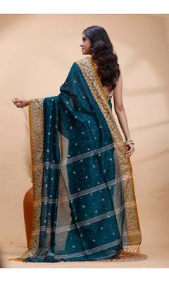 Dark teal green handloom cotton saree with mustard yellow heritage border 3