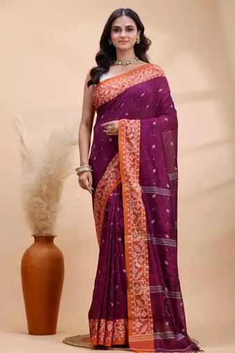 Magenta handloom cotton saree with rust heritage border