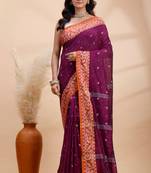 Magenta handloom cotton saree with rust heritage border