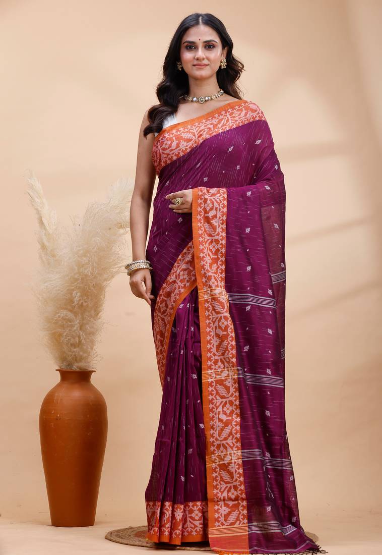 Magenta handloom cotton saree with rust heritage border