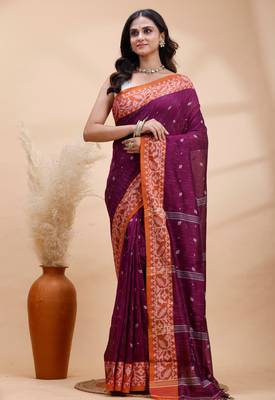 Magenta handloom cotton saree with rust heritage border 2