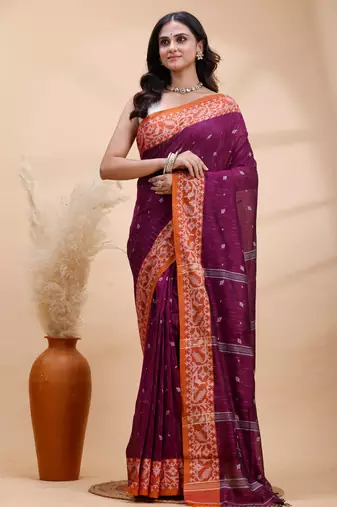 Magenta handloom cotton saree with rust heritage border