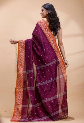 Magenta handloom cotton saree with rust heritage border 3