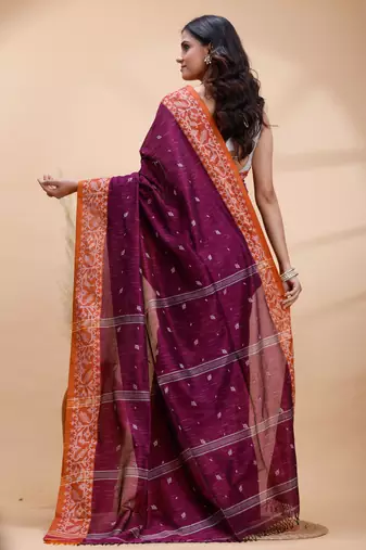 Magenta handloom cotton saree with rust heritage border