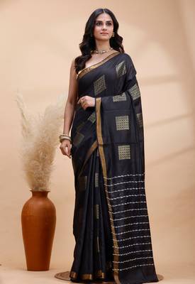 Black soft silk blend saree with gold zari motifs and border 1