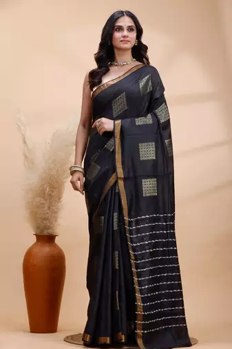 Black soft silk saree with gold zari motifs and border