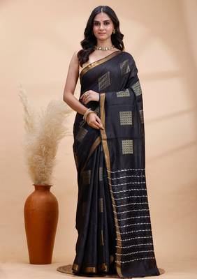 Black soft silk blend saree with gold zari motifs and border 2
