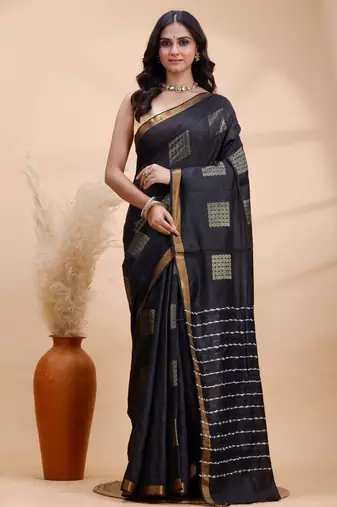 Black soft silk blend saree with gold zari motifs and border