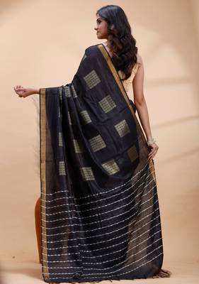Black soft silk blend saree with gold zari motifs and border 3