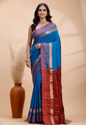 Royal blue kanjivaram silk blend saree with purple border & red zari pallu 1