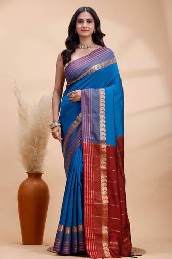 Royal blue kanjivaram silk saree with purple border & red zari pallu