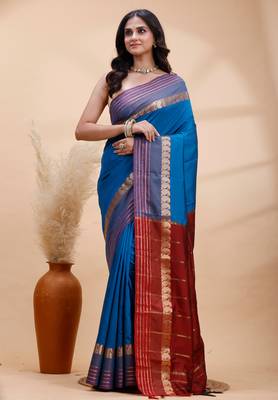 Royal blue kanjivaram silk blend saree with purple border & red zari pallu 2