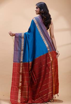 Royal blue kanjivaram silk blend saree with purple border & red zari pallu 3