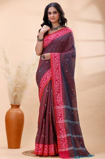Handloom cotton saree in plum dual toned color with red heritage border
