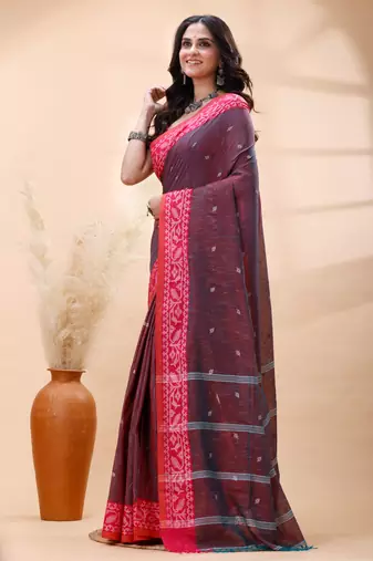 Handloom cotton saree in plum dual toned color with red heritage border