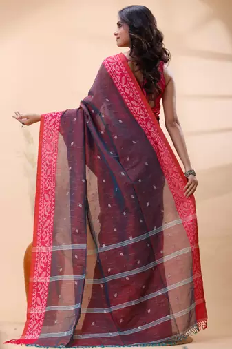 Handloom cotton saree in plum dual toned color with red heritage border