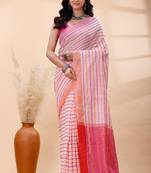White handloom cotton saree with pink and orange fine striped weave and traditional border