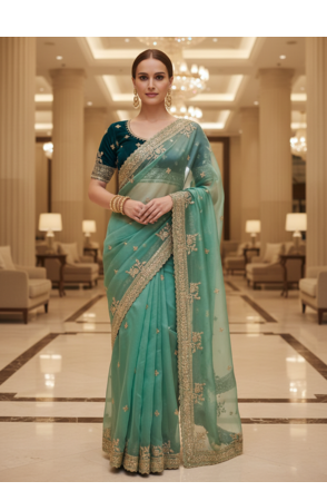 Green Color  Sequins and jaro Thread Embroidery Work  Satin art silk saree 1