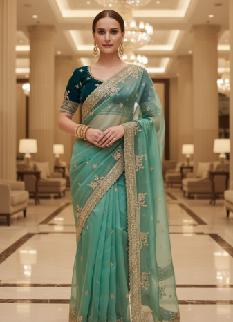 Green Color  Sequins and jaro Thread Embroidery Work  Satin Silk Saree