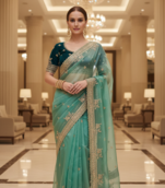 Green Color  Sequins and jaro Thread Embroidery Work  Satin Silk Saree